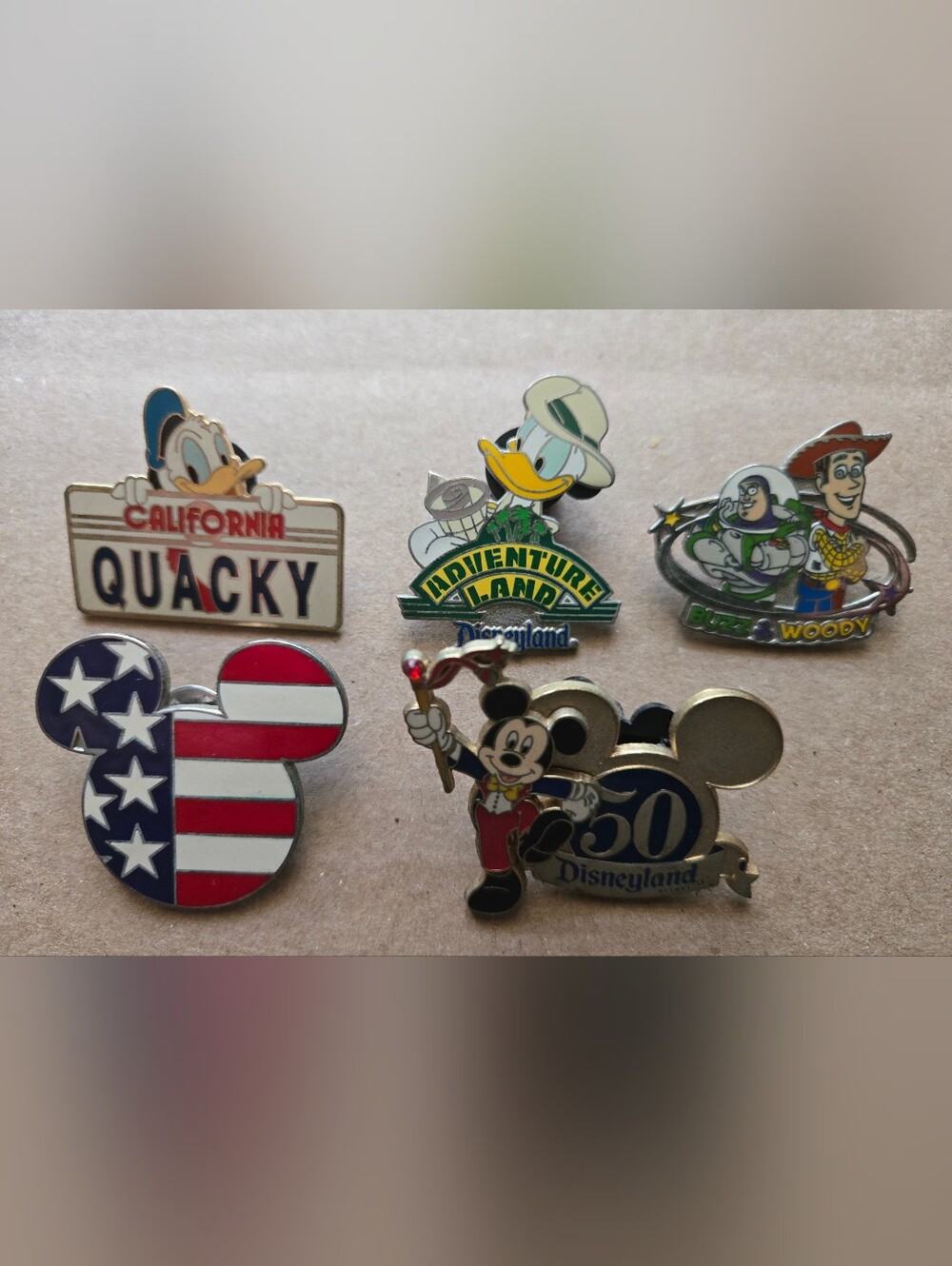 5 Vintage Disneyland Collectible Enamel Pins - Assorted Characters (Set)